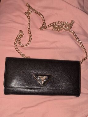 Prada Black Leather Wallet Clutch with Gold Chain